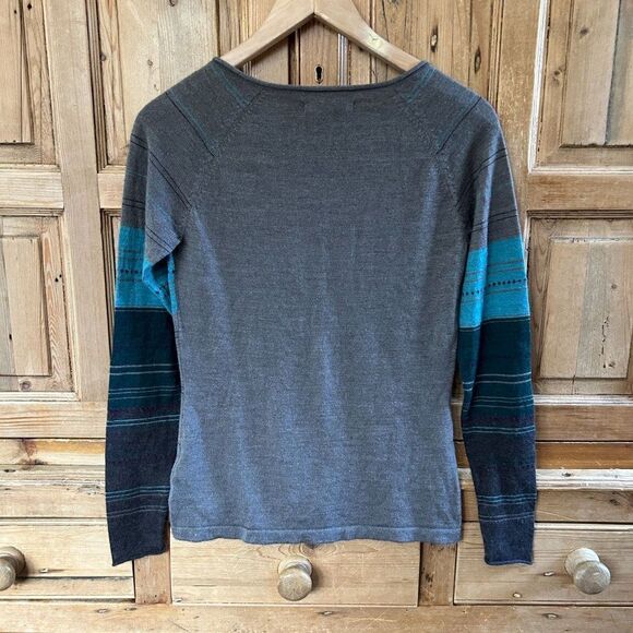 Women's Smartwool Small V-Neck Striped Sweater Ethno Graphic Sweater Gray Green - Picture 8 of 11